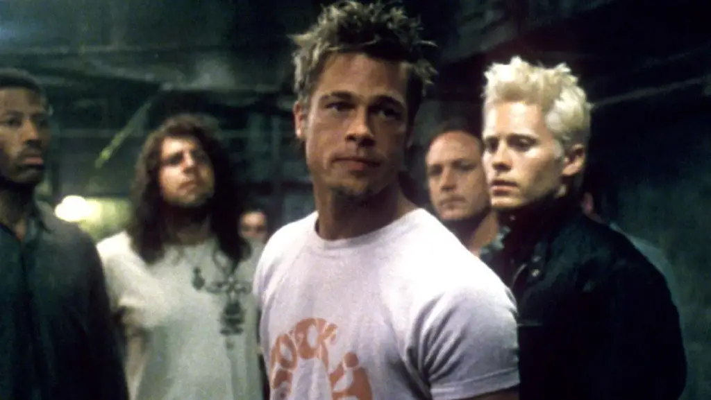 An intense moment showing the conflict of identity in Fight Club