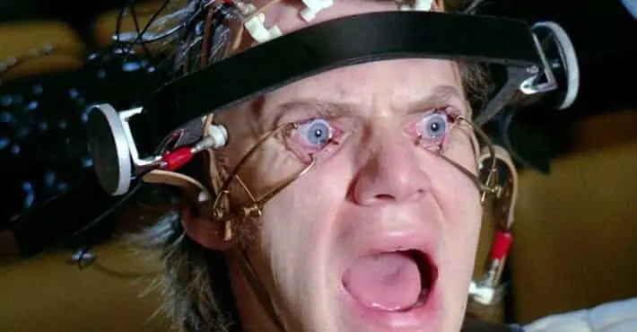 Scene depicting aversion therapy in A Clockwork Orange